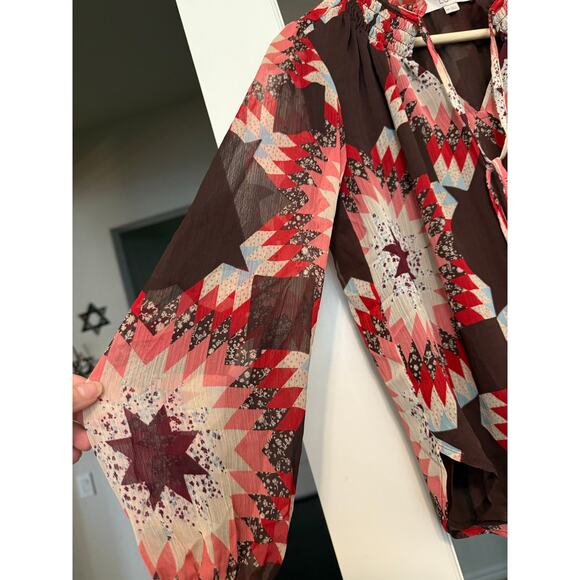 LOFT patchwork Ruffle Tie Neck long sleeve flowy Blouse XSP petite - Picture 7 of 13